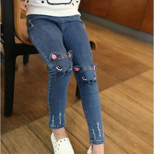 Girls Jeans Cartoon Cat Embroidery Knee Denim Pants, Size 4-5 Years - Picture 1 of 6