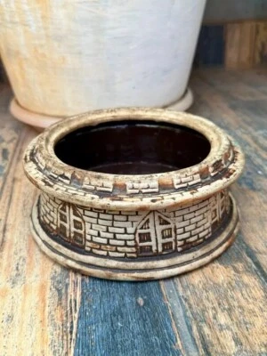 Antiguo cuenco de trabajo de cerámica de arcilla de terracota 1800 8 x 8"" Foto 1 de 4