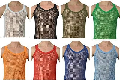 MENS STRING VEST 100% COTTON MESH FISH NET FITTED MIXED STYLES SIZE S - 3XL - Image 1 of 4