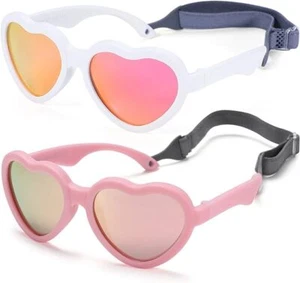 2 Pair NULOOQ Toddler Girls Flexible Polarized Sunglasses Pink/White Heart - Picture 1 of 8