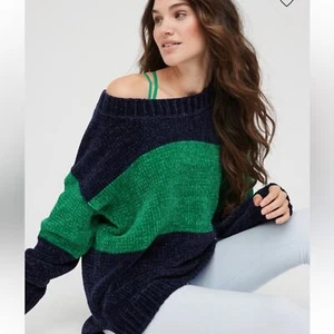 Suéter de Chenilla Offline by aerie Azul Marino y Verde Manga Larga Cuello Redondo Talla L - Imagen 1 de 11
