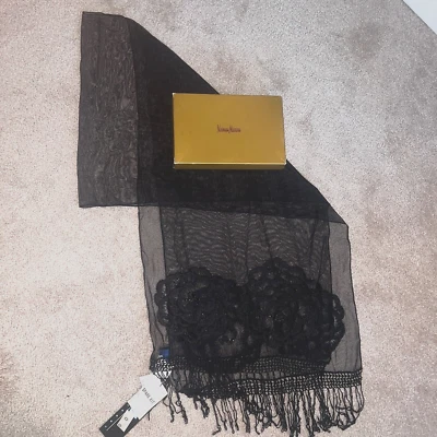 New w/Tags Sue Wong Black Chiffon Beaded Scarf Crocheted Fringe 84" x 19" - Image 1 of 4