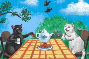 4X6 POSTCARD RYTA VINTAGE STYLE ART BLACK WHITE CAT SPRING SUMMER TEA CAP ART - Picture 1 of 1