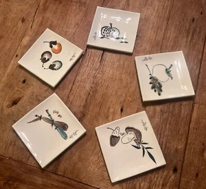 Japanese Vintage Appetizer Sushi Square Plates Set Of 5 Mushroom 4.75” Ceramic - Picture 1 of 10