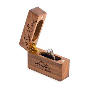 Wooden Engagement Ring Box Small Slim Flat Ring Case for The adventure begins - Picture 1 of 7