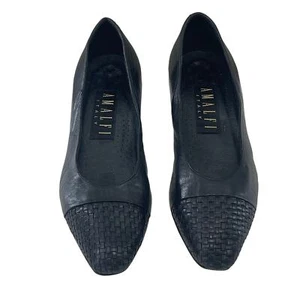 Amalfi Slip On Heels Black Leather Woven Almond Toe Cap Size 7 Vintage Italy - Picture 1 of 10