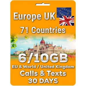 Europe UK Travel Prepaid SIM Card, 6/10GB data, Unlimited Calls & SMS, 30 days - Picture 1 of 10