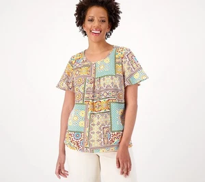 Denim & Co. Size XXS Printed Blouse with Open Flutter Sleeve Top MELON A602666 - Picture 1 of 1