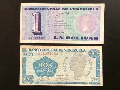 Set of 1989 Venezuela 1 & 2 Bolivares Banknotes Currency - Circulated - Image 1 of 4