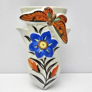 Vintage Lusterware Hand Painted Wall Pocket Butterfly Flowers Vase Floral Japan - Picture 1 of 8