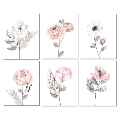 Arte de pared infantil sin marco floral acuarela corderos e hiedra 6 piezas - rosa/gris Foto 1 de 4