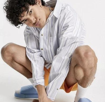 ASOS DESIGN Extreme Oversized Shirt White, Navy Blue Stripe, Curved Hem, Medium - Image 1 of 4