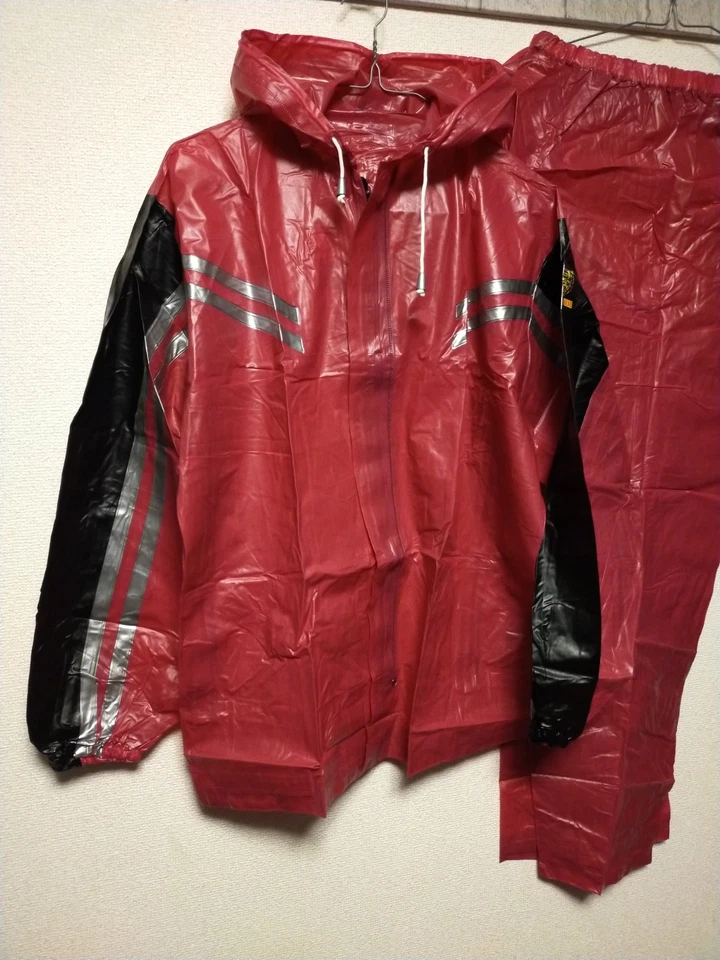 Wine red with black tigerhead pvc plastic jacket and pants rainwear rainsuit - Image 1 of 4