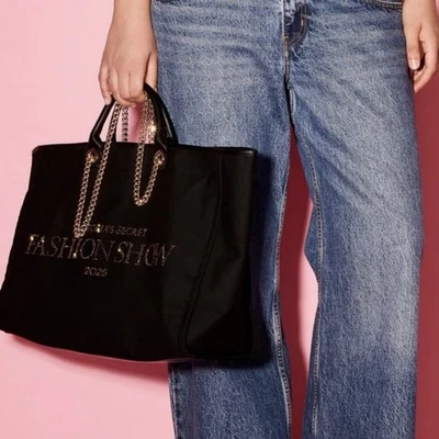 VICTORIA’S SECRET FASHION SHOW 2025 BACKSTAGE BLACK DOUBLE HANDLE TOTE BAG NEW - Image 1 of 4