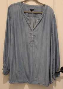 Talbots Plus Size 3X Chambray Popover Blouse Long Sleeve 100% Lyocell Tencel Blu - Picture 1 of 12