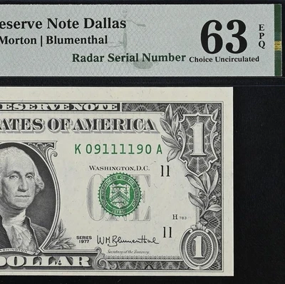 1977 $1 Federal Reserve Note PMG 63EPQ - Fancy Radar Serial Number 09111190 - Image 1 of 3