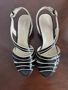 Mui Mui Women’s Size 8 Black Patent/Beige Trim W/Silver Heel Sandal - Picture 1 of 4