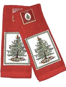 RED Spode Christmas Tree Kitchen Towels (Set of 2) PLUSH Terry Appliqued - Picture 1 of 2