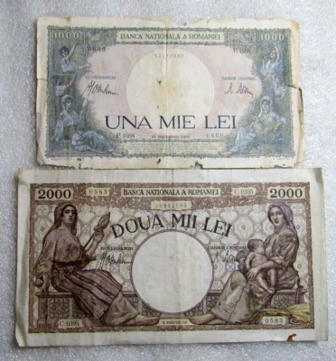 Billete 1000 2000 Lei 1941 Rumania Segunda Guerra Mundial Período de Guerra Rey Mihai - Antonescu Foto 1 de 4