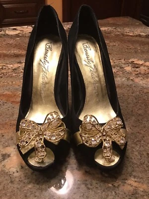 BEVERLY FELDMAN Black/Gold  Suede Leather Heels Open Toe Shoes 9M - Image 1 of 4