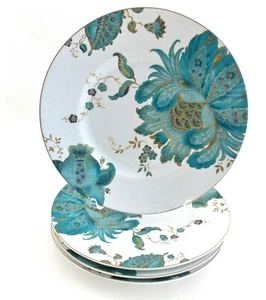 FOUR "ELIZA" TEAL SALAD PLATES FINE CHINA 222 FIFTH TURQUOISE FLOWERS 8 3/4" - Picture 1 of 4