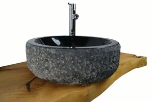 Waschbecken aus Naturstein, Basalt, Model "Rio massiv gehämmert" D=45cm - Bild 1 von 3