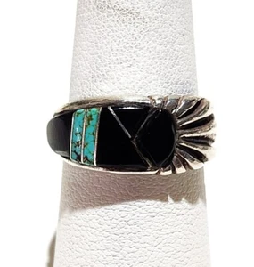 Anillo de colección Zuni con incrustaciones de plata esterlina turquesa ónix tamaño 6,75 banda 6,3 gramos - Imagen 1 de 14