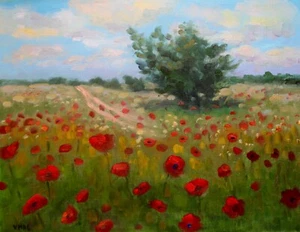 Large Original Oil Painting Landscape poppy impressionism collectible signed art - Picture 1 of 3