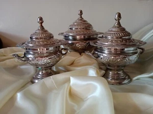 Vintage tè verde marocchino fatto a mano tre ciotole placcate argento cultura - Foto 1 di 13