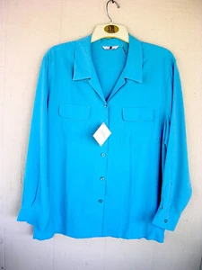 Lady Hathaway XL Turquoise Silk Button-Up Shirt Front Pockets Long Sleeve - Picture 1 of 4