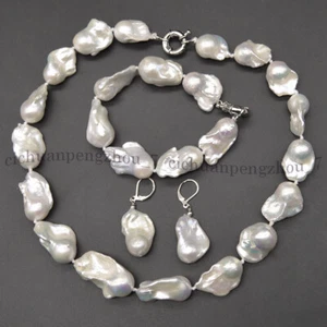 HUGE 15-23MM WHITE SOUTH SEA BAROQUE KESHI PEARL NECKLACE BRACELET EARRINGS SET - Picture 1 of 18