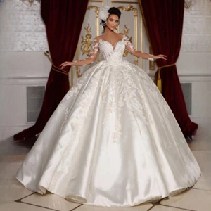 Luxus A-Linie Brautkleider Herzausschnitt Ärmel Spitze Applikation Satin Brautkleid - Bild 1 von 14