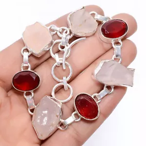 Rose Quartz Rough Garnet Gemstone 925 Silver Handmade Bracelet 7-8.5" ARB-996 - Picture 1 of 3