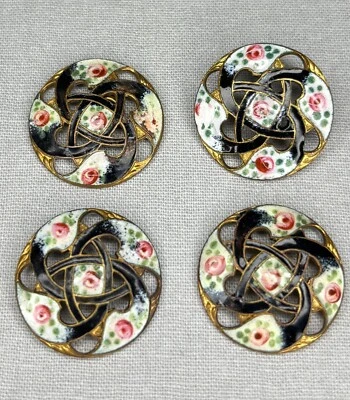 Set of 4 Antique Victorian Era Pierced Enamel Buttons with Pink Roses - 14/16" - Image 1 of 4