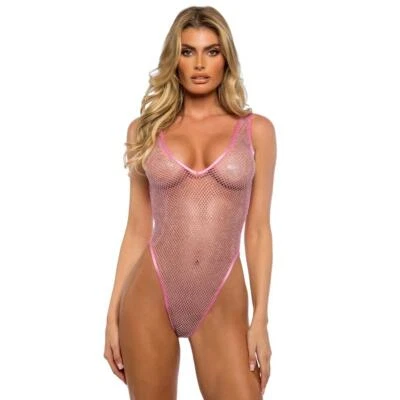 Peluche de rejilla de estrás correas anchas hundidas corte alto transparente tanga trasero rosa LI755 Foto 1 de 4