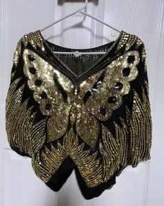 Vintage Black Silk Gold Sequin Butterfly Blouse Top Women's Small HAND SEWN - Picture 1 of 10