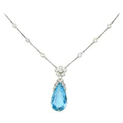 Pear Cut Blue Aquamarine & White CZ 18.90 CT Floral Drop 925 SS Necklace Pendant - Image 1 of 4