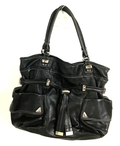 B. Makowsky Black Leather Leopard Print Lining Shoulder Purse - Picture 1 of 10