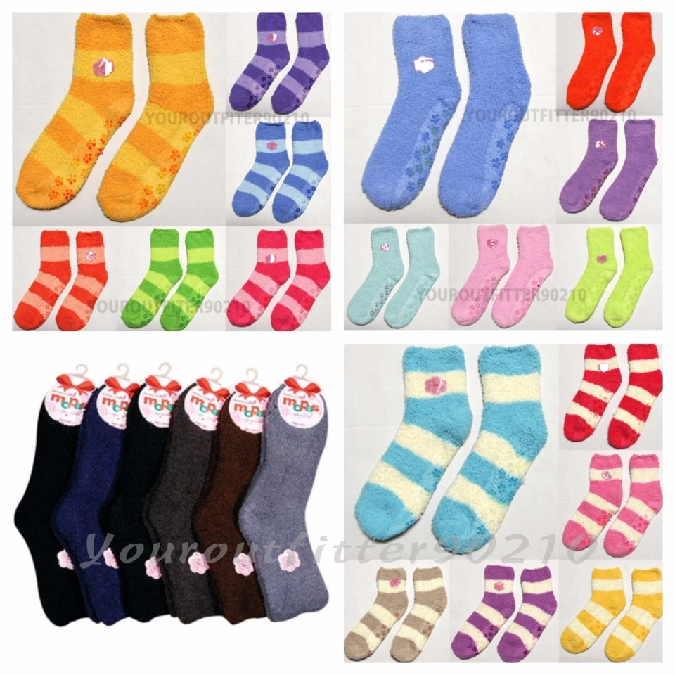 6-12 Pair Women Plush Slipper Socks Soft Fuzzy Non-Skid Winter Solid Stripe 9-11 - Image 1 of 1