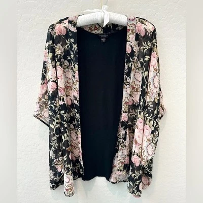 INVESTMENTS | Petite Black Modern Floral Semi Sheer Swim Cover Kimono | L/XL - Image 1 of 4