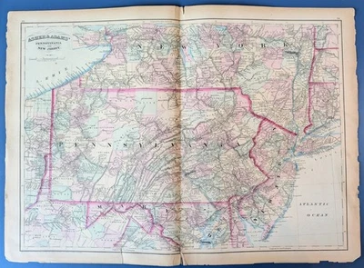 Mapa antigo de 1872 Asher & Adams da Pensilvânia e Nova Jersey colorido à mão - Imagem 1 de 4