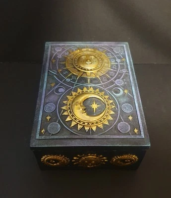 Celestial Sun & Moon Blue / Gold Trinket Jewellery or Tarot Cards Storage Box - Image 1 of 4