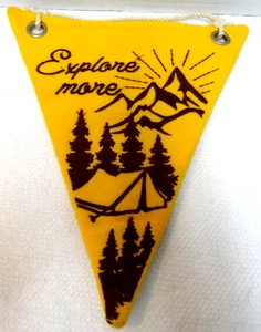 EXPLORE MORE Pennant Yellow Brown 9” x 10” Mountains Tent Camping Adventure - Picture 1 of 2