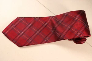 Hickey Freeman Red Hand Tailored USA English Silk Brown Woven Plaid Check Red - Picture 1 of 5