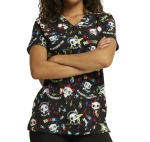 Womens Dickies EDS Scrubs Top V-Neck Print DK717 size S/Modern Classic/Panda - Picture 1 of 6