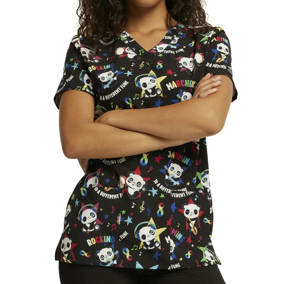 Womens Dickies EDS Scrubs Top V-Neck Print DK717 size S/Modern Classic/Panda - Image 1 of 4