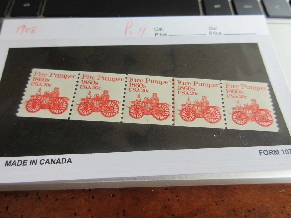 Mint NH US Scott # 1908 20C Fire Pumper Plate No. 11 Strip of 5 - Image 1 of 1