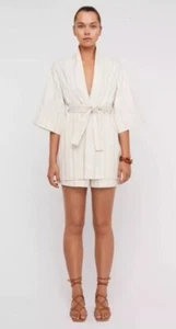 Scanlan Theodore Ladies Jacket Sz S Kimono Robe Belt Stripe Cotton Linen White - Picture 1 of 13