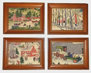 Set 4 immagini incorniciate Nonna Moses Crewel Barkcloth vintage C&A Richards 9x7 - Foto 1 di 18