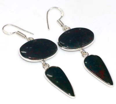 Bloodstone 925 镀银宝石耳环 2.5 英寸美学珠宝 GW — 第 1/3 张图片